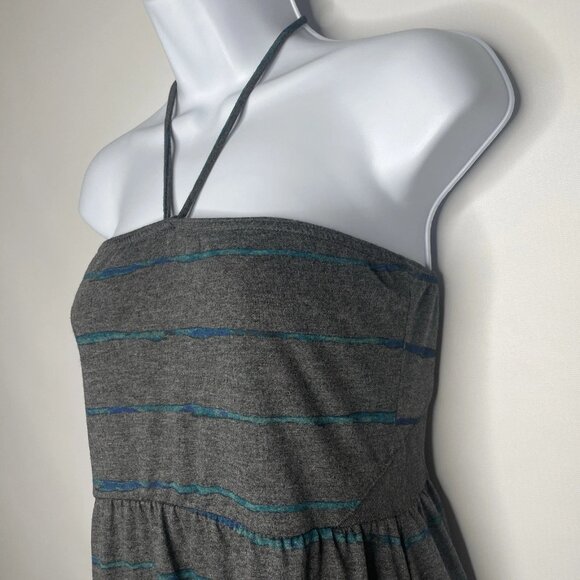 Hurley Halter Dress Sundress Size M Mini Gray Blue Striped Knit Smocked Mesh - Picture 6 of 8